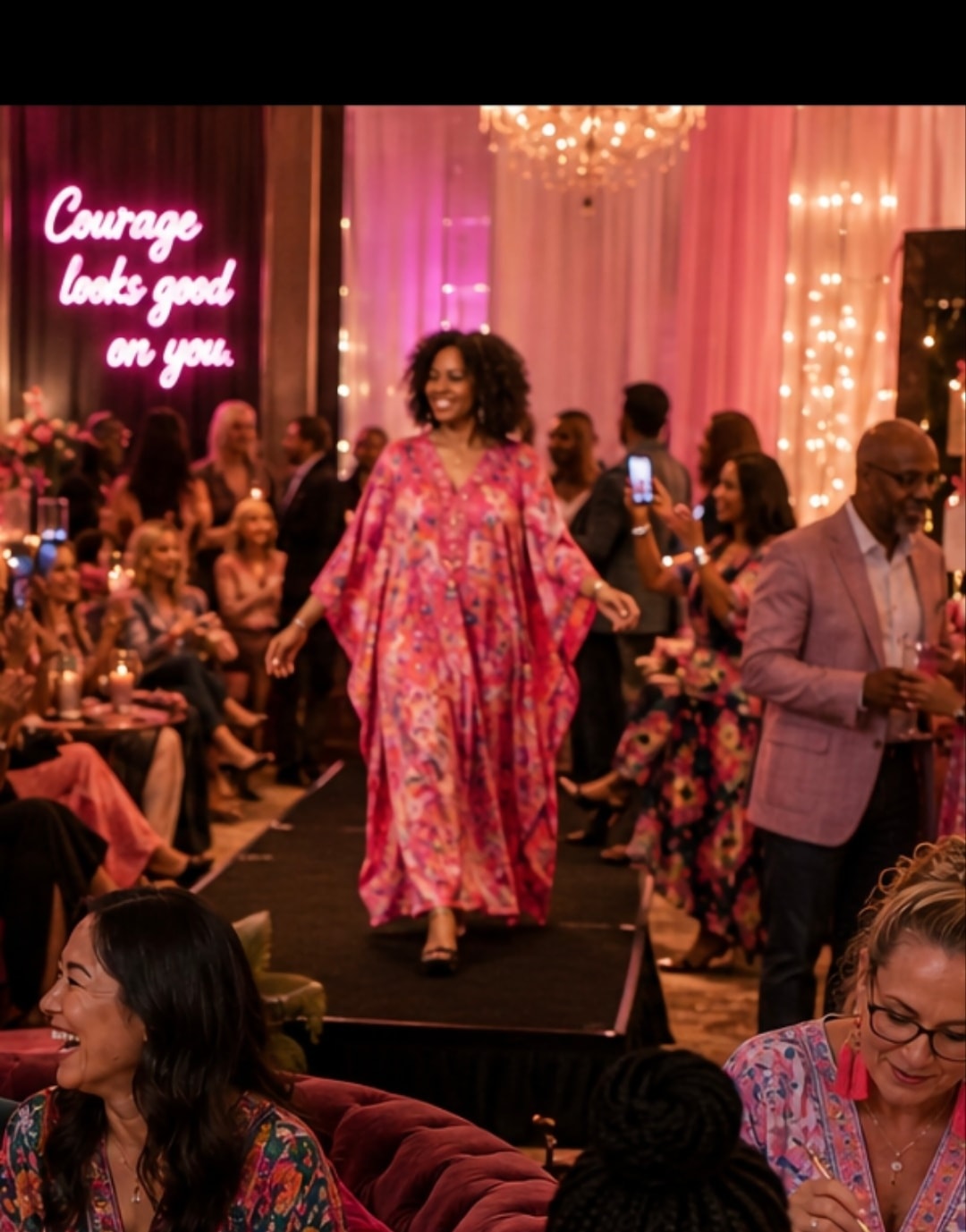 Runway fashion show with pink lighting